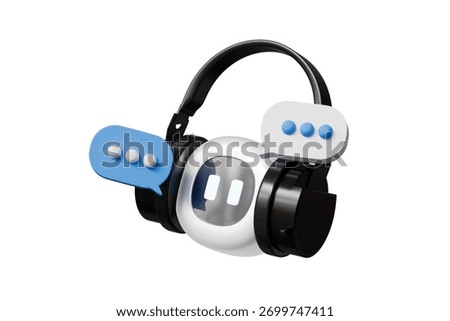 3d ai headset robot with chat bubbles icon. customer support concept. Minimal cartoon headset helpdesk chatbot for app banner web. isolated on white background. 3d render.