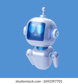 3D AI robot smiling while slightly lifting its hands, as if explaining something. Represents a friendly assistant designed for conversation, interaction, and innovative artificial intelligence design.