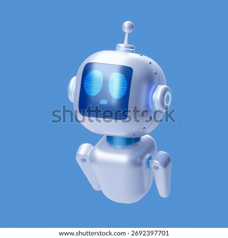 3D AI robot smiling while slightly lifting its hands, as if explaining something. Represents a friendly assistant designed for conversation, interaction, and innovative artificial intelligence design.