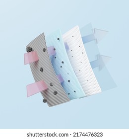 3d air filter layer and ventilate shows, dust filter layer for face mask, air purifier, prevents vapors and odors from chemicals, virus, isolated on blue background. 3d render illustration 