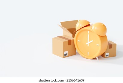 3D Alarm Clock With Cardboard Boxes On White Background. Fast Delivery Concept. Moving Day. Goods Transportation Service. Realistic Design Banner Template With Empty Copy Space For Text. 3D Rendering