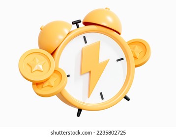 3D Alarm clock with lightning and floating coin. Fast money concept. Limited promotion. Investments and earnings. Easy cashback. Cartoon creative design icon isolated on white background. 3D Rendering