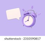 3d alarm clock and speech bubble with copy space or notification .alarm clock and chat box. Good morning message. creative concept.illustration on purple background. 3d rendering