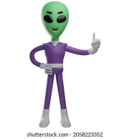 3D Alien Cartoon Character With Pointed Up Finger