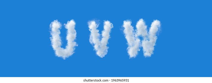 3d alphabet, u v w, uppercase letters made of clouds, 3d rendering, smoke 