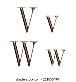 3d Alphabet, Uppercase And Lowercase Serif Font, Golden Letters, 3d Render, V W