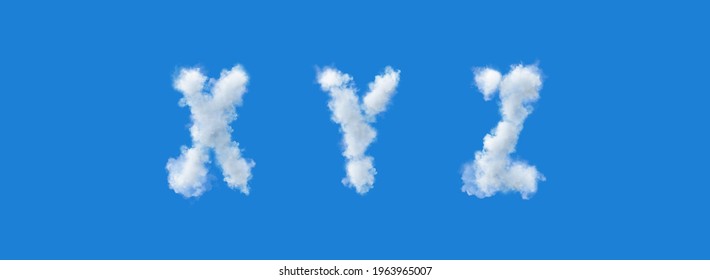 3d alphabet, x y z, uppercase letters made of clouds, 3d rendering, smoke 
