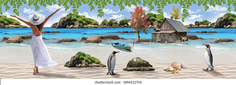 3D Amazing natural wallpaper and background, in Frame lady on the beach near house and penguin, beautiful landscape poster for wall decor.