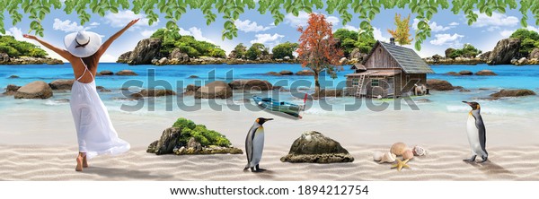 3D Amazing natural wallpaper and background, in Frame lady on the beach near house and penguin, beautiful landscape poster for wall décor.