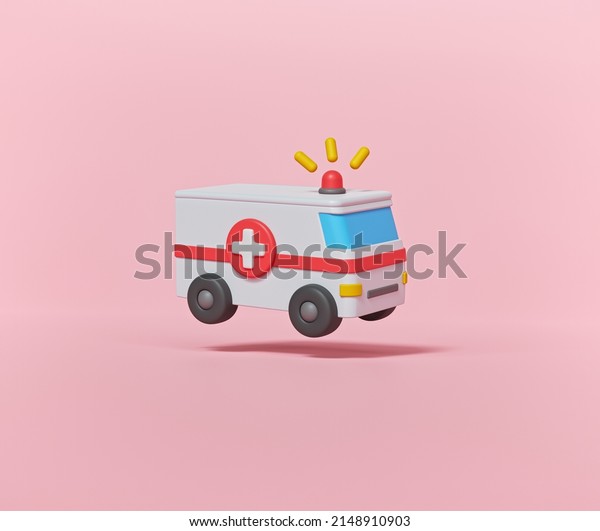 3D Ambulance emergency icon\
isolated on pastel pink background. Medical vehicle. 3d\
rendering