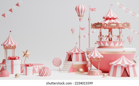 3d amusement park, circus, carnival fair theme podium with many rides and shops circus tent 3d illustration