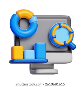 3D analytics dashboard with charts and graphs for business data tracking.