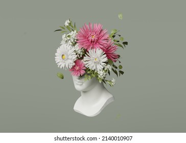 3D Ancient Woman Statue. Greek, Roman Goodness. Bust Sculpture  With Pink And White Flowers Bouquet On Green Background. Nature Feminine Beauty Abstract 3D Render. Spring, Summer Render Illustration