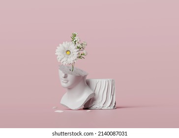 3D Ancient Woman Statue. Greek, Roman Goddess. Bust Sculpture  With  White Flowers Bouquet On Pastel Pink Background. Nature Feminine Beauty Abstract 3D Render. Spring, Summer Render Illustration