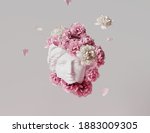 3D Ancient woman Statue, white broken stone. Greek,roman  goodness style. Head sculpture pink flowers bouquet on gray background. Nature, Peonies, falling petals. Feminine beauty  abstract 3D render.