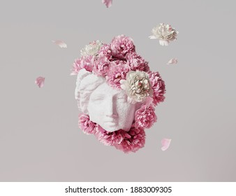 3D Ancient woman Statue, white broken stone. Greek,roman  goodness style. Head sculpture pink flowers bouquet on gray background. Nature, Peonies, falling petals. Feminine beauty  abstract 3D render.