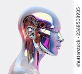 3D android artificial human face on white background. Futuristic conceptual illustration of a biomechanoid or robot.