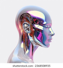 3D android artificial human face on white background. Futuristic conceptual illustration of a biomechanoid or robot.