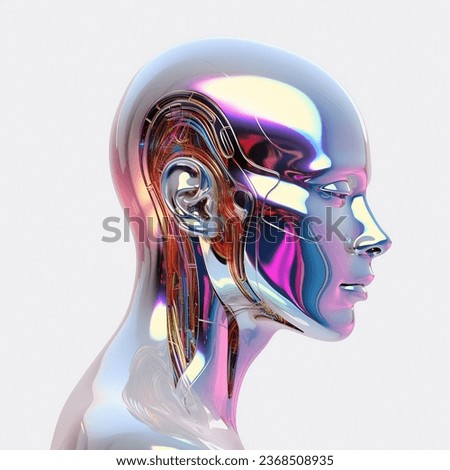 3D android artificial human face on white background. Futuristic conceptual illustration of a biomechanoid or robot.