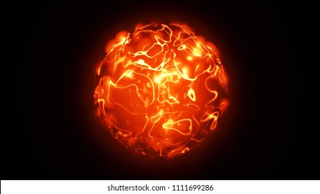 3d animation of abstract isolated fiery red and orange magical orb. Burning sphere with plasma ring on black background. Magic and power concept object. Shiny colorful VFX design element in 4K.