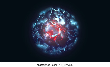 3d animation of abstract isolated red and blue magical orb. Burning sphere with plasma ring on black background. Magic and power concept object. Shiny colorful VFX design element in 4K.