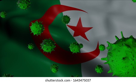 3D Animation Of Algeria Waving Flag With Greem Viruses (Coronavirus Concept)