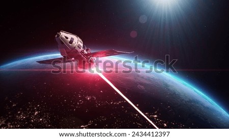 3D animation of satellite attacking space object with laser weapon in outer space in Earth orbit. Escalation of political conflict between United States and Russia in cosmos. Threat. 3D Illustration