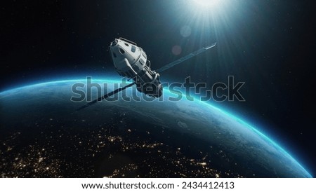 3D animation of satellite attacking space object with laser weapon in outer space in Earth orbit. Escalation of political conflict between United States and Russia in cosmos. Threat. 3D Illustration