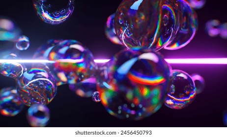 3D animation of vibrant soap bubbles and laser beam