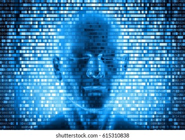  3d anonymous face behind the internet data processing screen