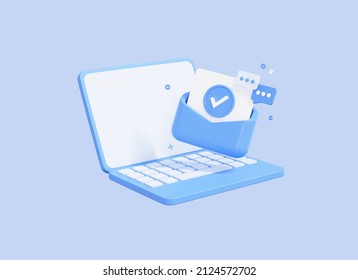 3D Approved email message with check mark on computer laptop screen. Letter in envelope with tick. Email advertising, direct digital marketing. Cartoon elements isolated on background. 3D Rendering