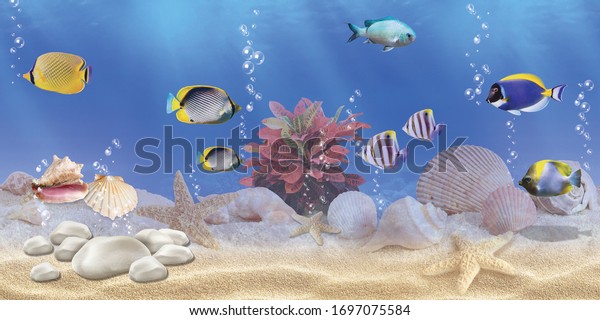 3D Aquarium landscape with various tropical fishes in underwater plants and swimming bubbles. High quality Realistic home decor wallpaper 3d rendering.