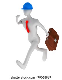 3d architect running with briefcase isolated on white