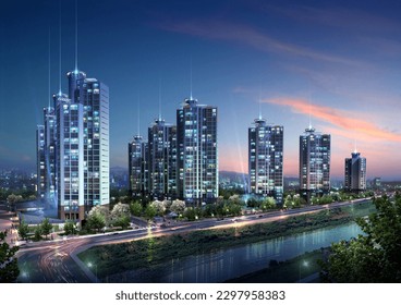 3D architectural illustration of a modern apartment complex night view. 3D architectural rendering of a modern apartment complex at sunset next to a waterfront park. - Powered by Shutterstock