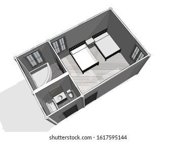 3D architectural plan perspective of a small suite with two twin beds and two bathrooms with large double windows. 