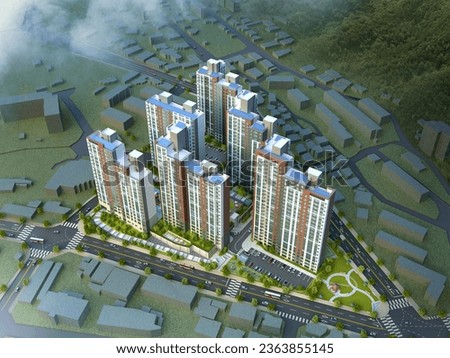 3d architectural rendering aerial view of modern apartment. Architectural expression of a high-rise apartment complex