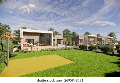 3D architectural rendering illustration of a simple single-story townhouse complex with a deck overlooking a spacious and beautiful garden.