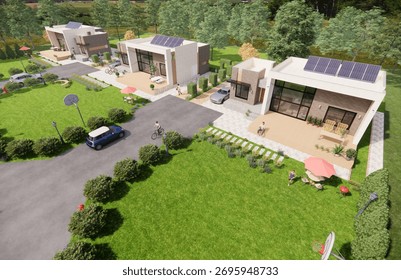 3D architectural rendering illustration of a simple single-story townhouse complex with a deck overlooking a spacious and beautiful garden.