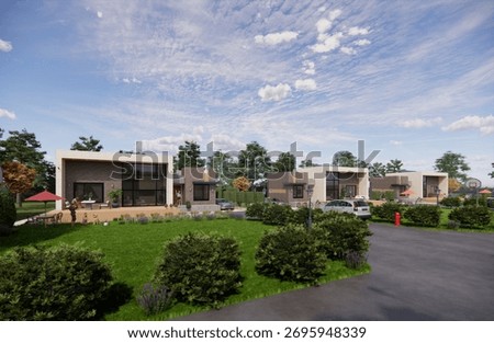 3D architectural rendering illustration of a simple single-story townhouse complex with a deck overlooking a spacious and beautiful garden.
