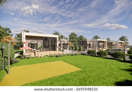 3D architectural rendering illustration of a simple single-story townhouse complex with a deck overlooking a spacious and beautiful garden.