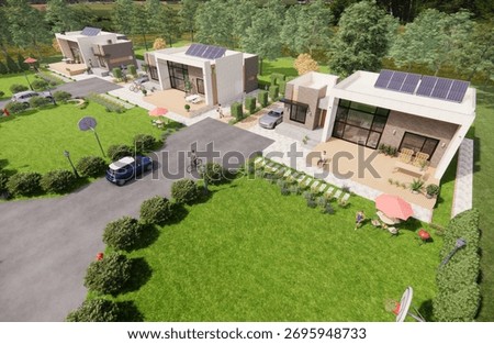 3D architectural rendering illustration of a simple single-story townhouse complex with a deck overlooking a spacious and beautiful garden.