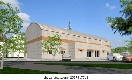 3D architectural rendering of a modern, rectangular commercial or industrial building with a curved, ribbed metal roof