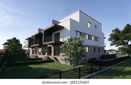 3D architectural visualization of a modern multi-apartment residential building with multiple balconies, a clean white and gray facade, and landscaped front yard greenery under a clear blue sky.