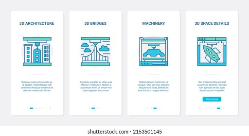 3d Architecture And Machinery Modelling Design Illustration. UX, UI Onboarding Mobile App Page Screen Set With Line Details Of Machine Model, Bridge Structure And Space Ship Virtual Designing