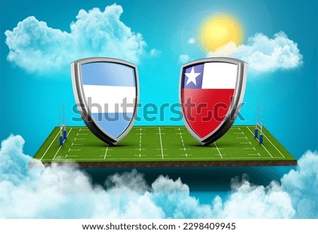 3d Argentina Versus Chile Shield Icons On Rugby Stadium With Green Grass Field, 3d illustration