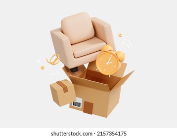 3D Armchair   alarm clock from open cardboard box  Fast delivery furniture at home  Moving concept  Order parcel from shop  Cartoon creative design icon isolated white background  3D Rendering