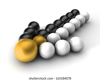 3d arrow black and white balls out of a merger on a white background
