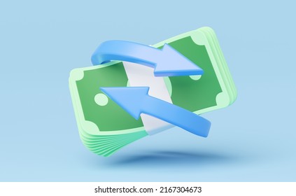 3d Arrow Circle Icon, Bundles Cash Money Floating On Blue Background. Mobile Banking, Online Payment Service. Cashback And Refund. Transfer Banknote Arrows Currency Exchange. Saving Dollar. 3d Render.