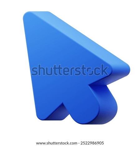3d arrow shape icon illustration, 3D render of simple geometric cursor shape in vibrant bright blue color on white background