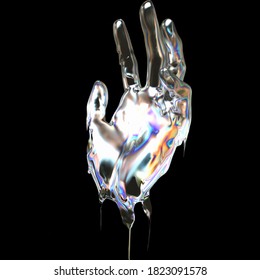 3d Art holographic abstract futuristic design idea. Hand gesture liquid metallic texture isolated on a black background 3d rendering concept.